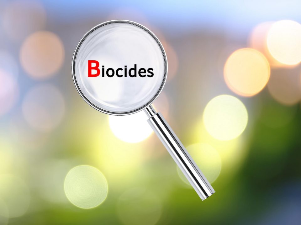 Soczewka powiększająca na tle z tekstem Biocides